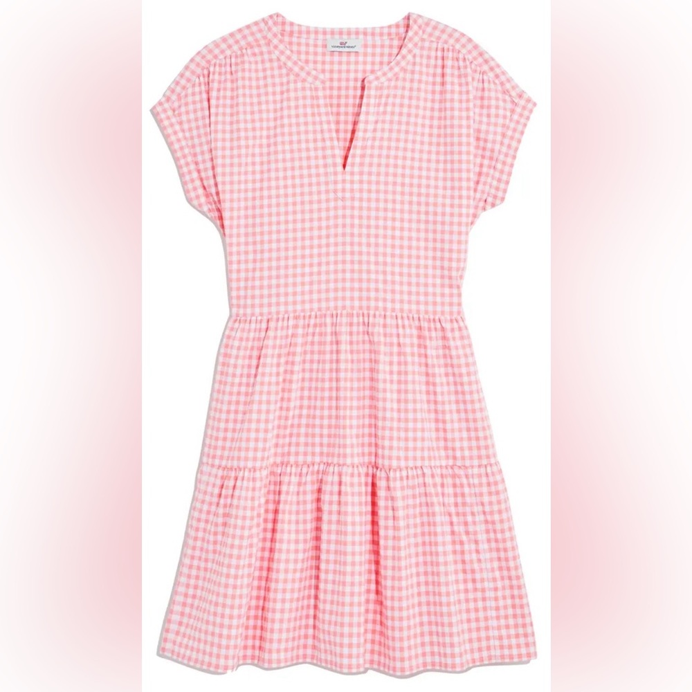 Vineyard Vines Pink Gingham Tiered Short Sleeve Dress